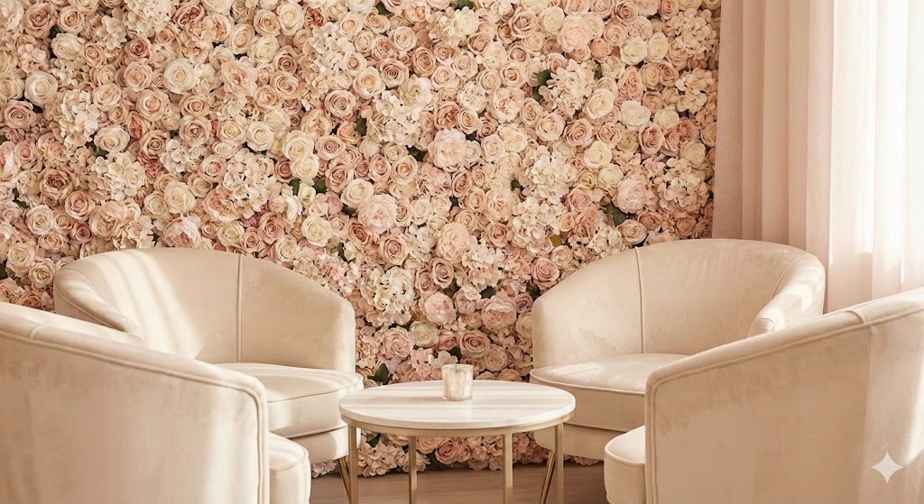Soft blush flower wall behind a lounge area