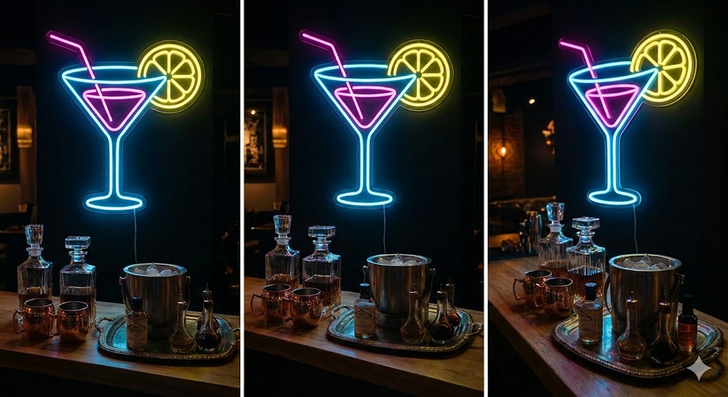 Neon sign above a styled drinks station