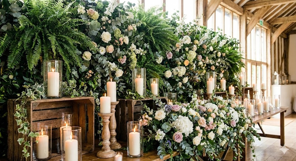 Greenery and floral backdrop with candles