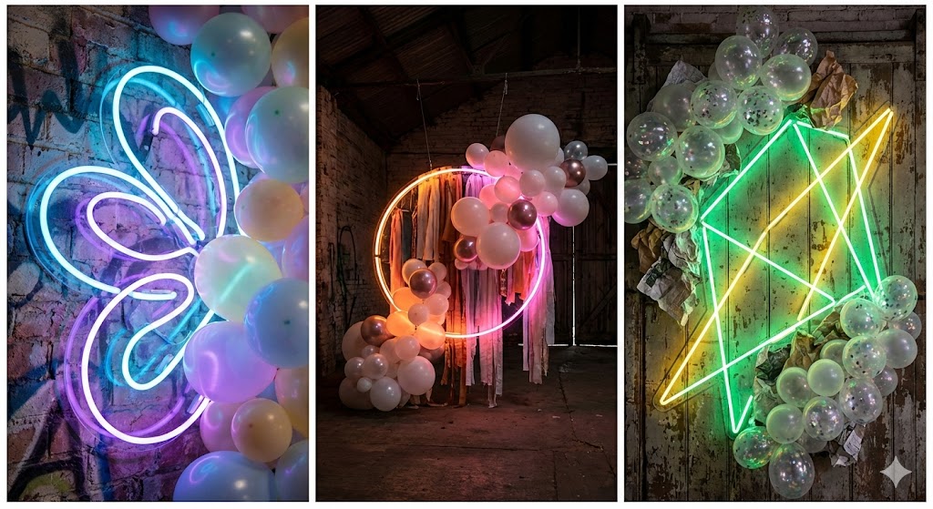 Neon sign layered with balloons and textures