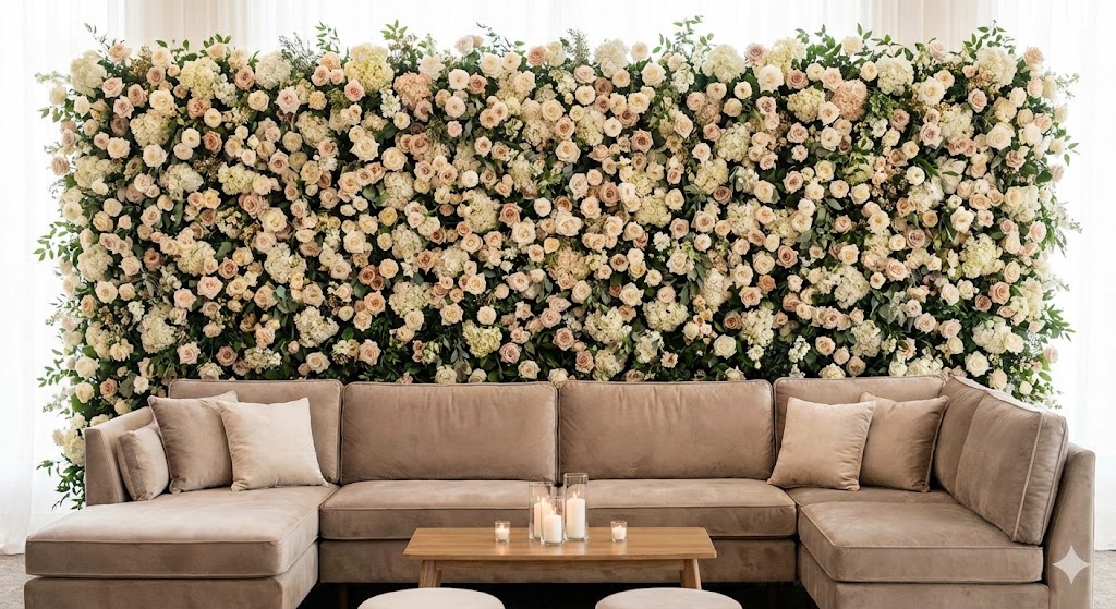Flower wall backdrop with lounge seating